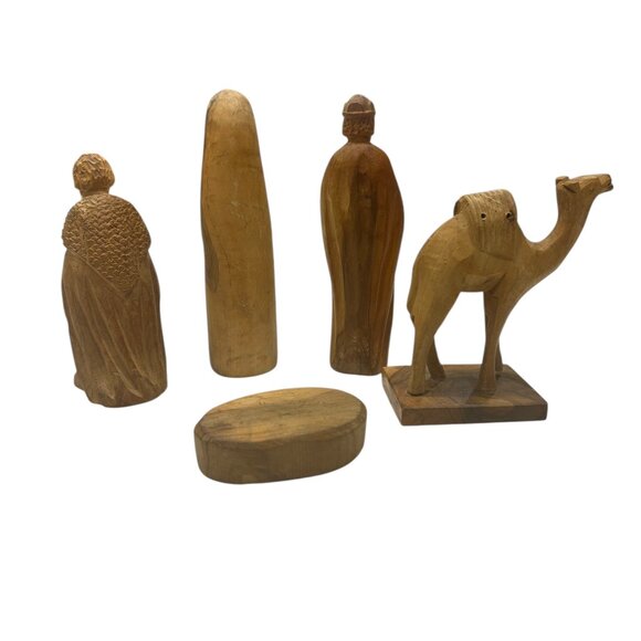 Vintage Hand Carved Nativity Set Lot of 5 3 Wise Men Camel Manger 4” Christmas - Picture 5 of 6